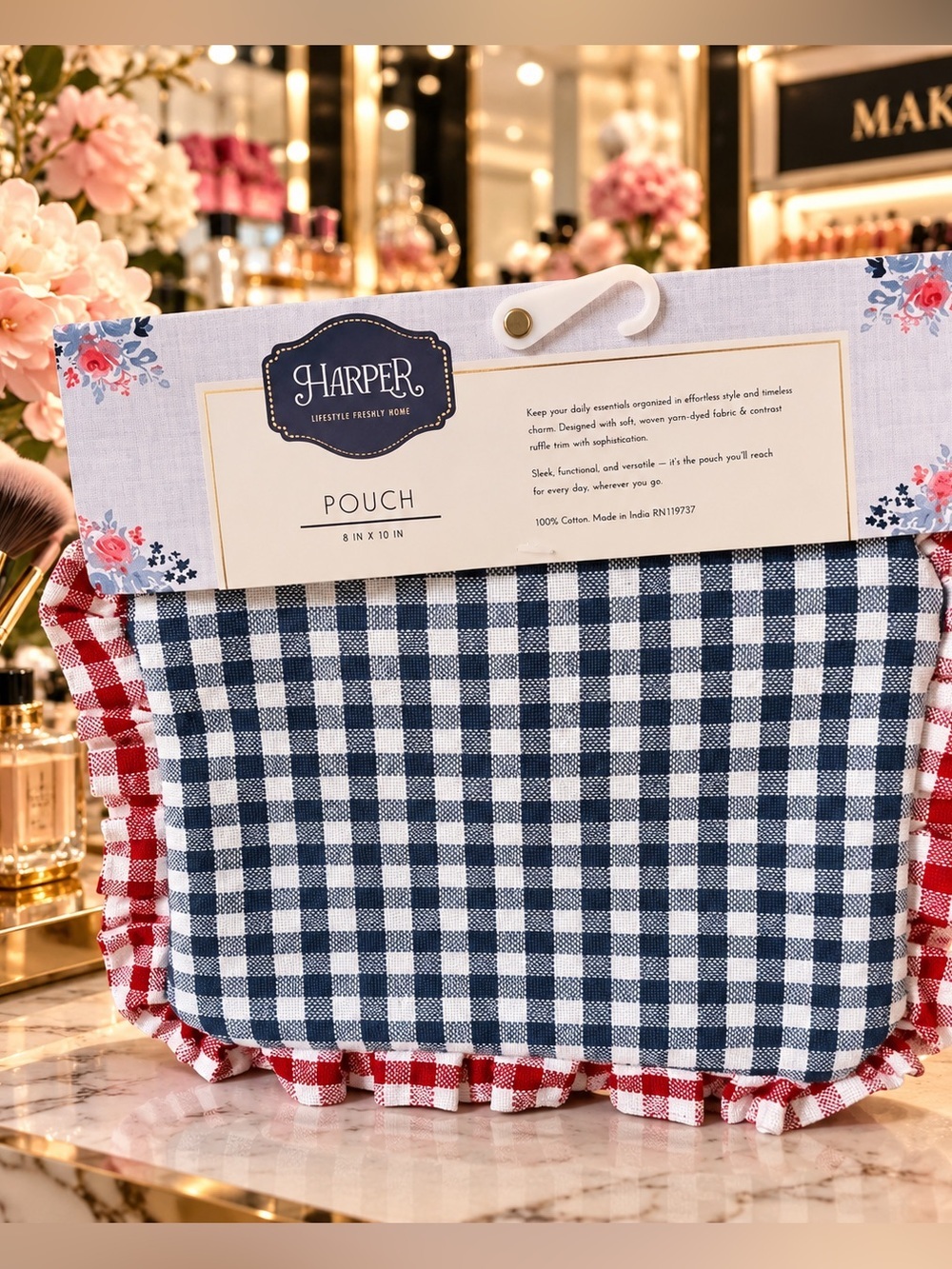 Makeup Bag Navy and Red Gingham Ruffle Pouch